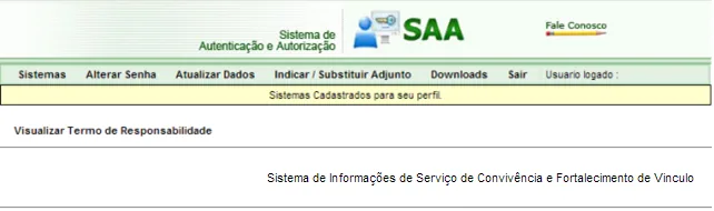 Tela do sistema: Tela inicial do SAA