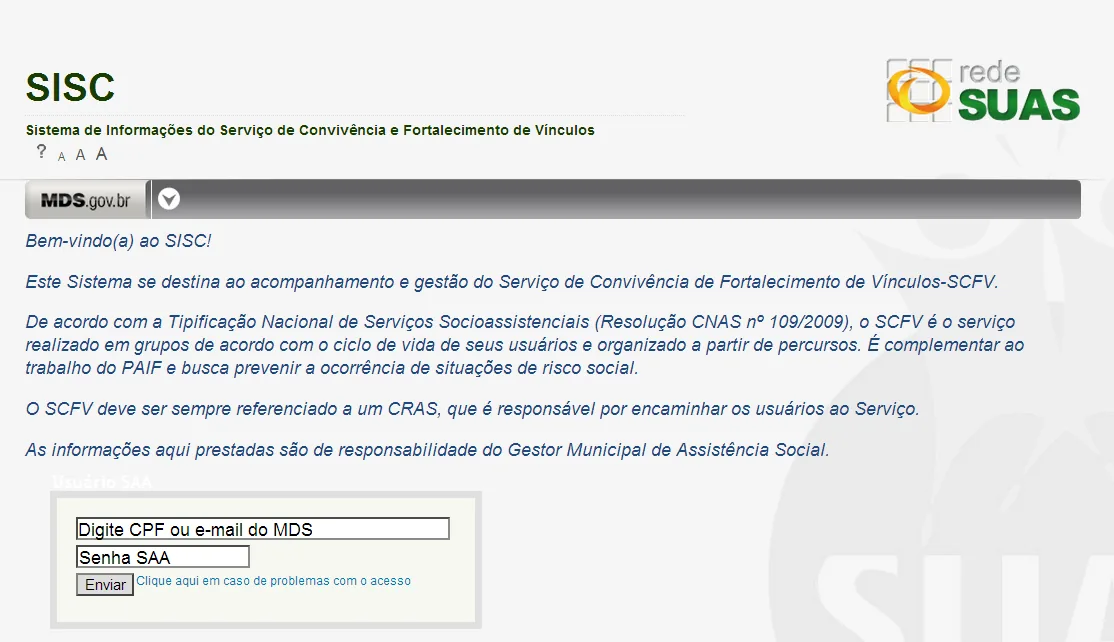 Tela do sistema: Login direto no SISC