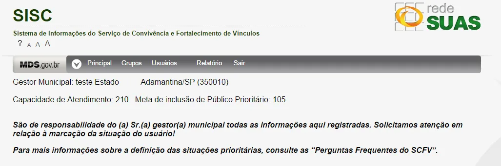 Tela do sistema: Tela inicial do SISC