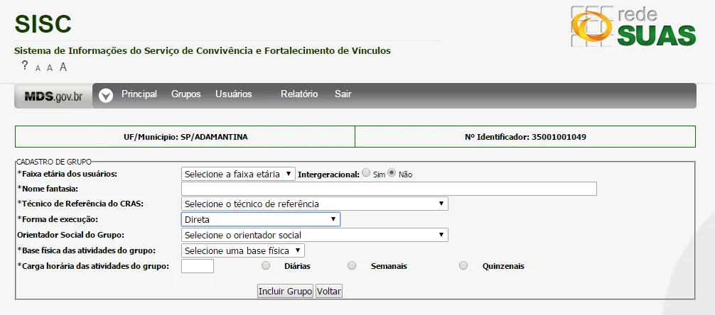 Tela do sistema: Incluir Grupo