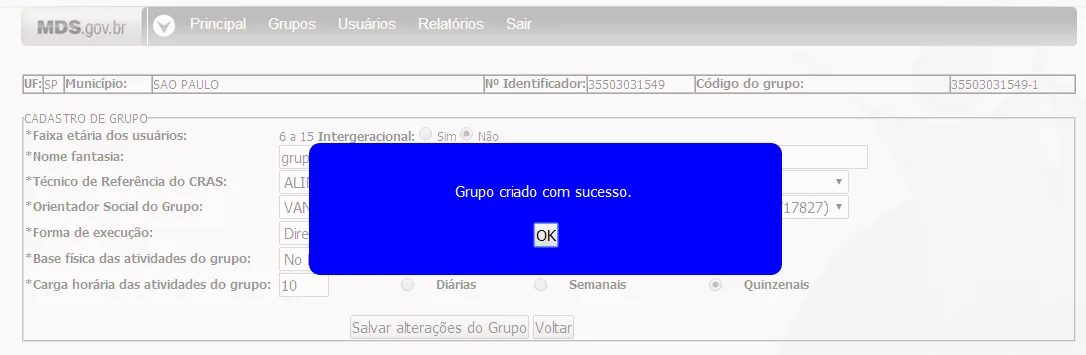Tela do sistema: Grupo criado com sucesso
