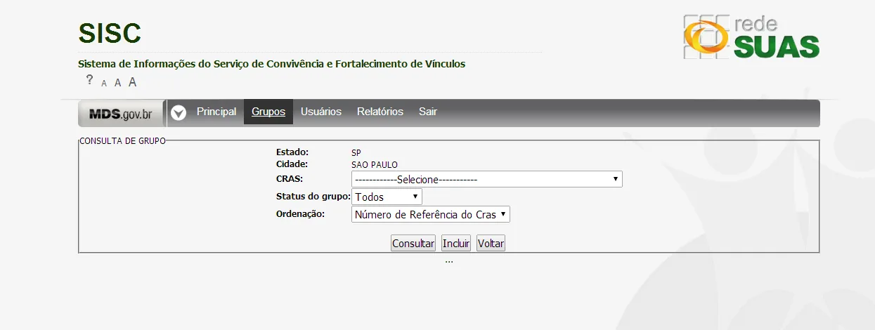 Tela do sistema: Consulta de Grupos