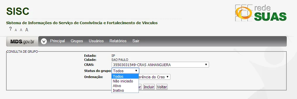 Tela do sistema: Pesquisar por status do grupo