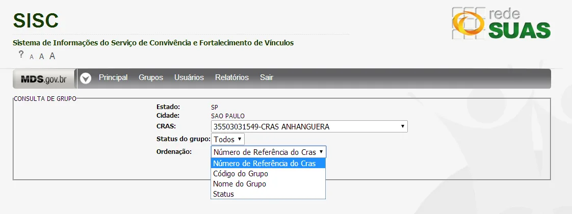 Tela do sistema: Ordenação dos grupos