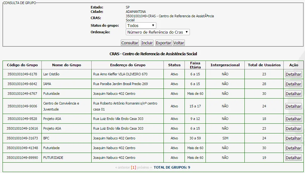 Tela do sistema: Resultado de uma consulta de grupos