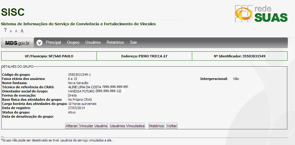 Tela do sistema: Detalhes de um grupo