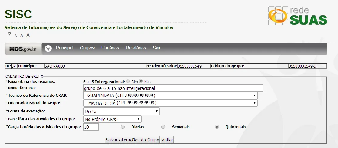 Tela do sistema: Alteração de grupo