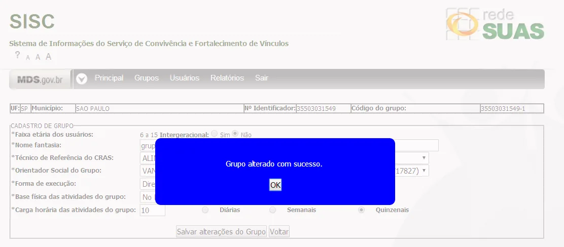 Tela do sistema: Alteração feita com sucesso