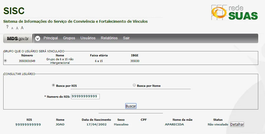 Tela do sistema: Consulta de usuário para inclusão em grupo