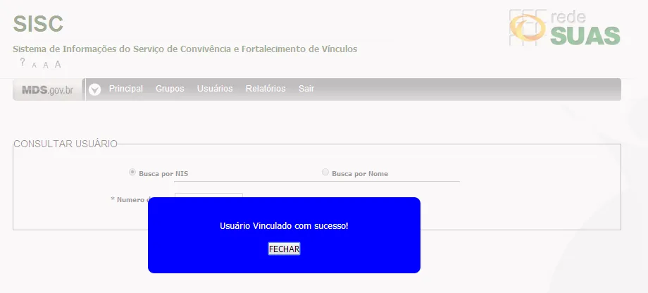 Tela do sistema: Inclusão de usuário realizada com sucesso