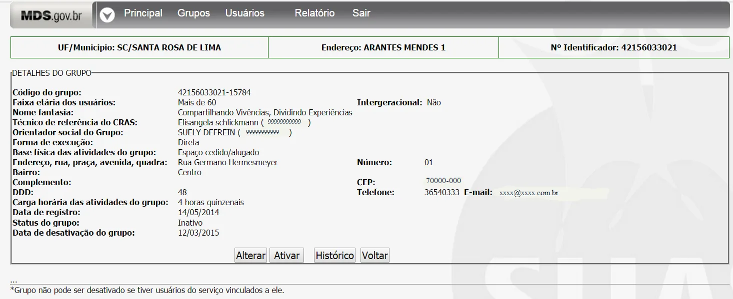 Tela do sistema: Consulta de grupo inativo