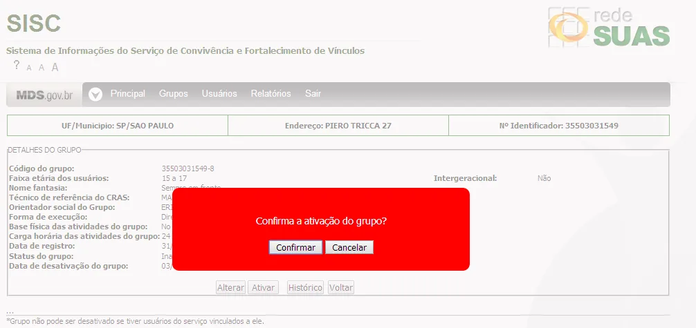 Tela do sistema: Ativação de grupo