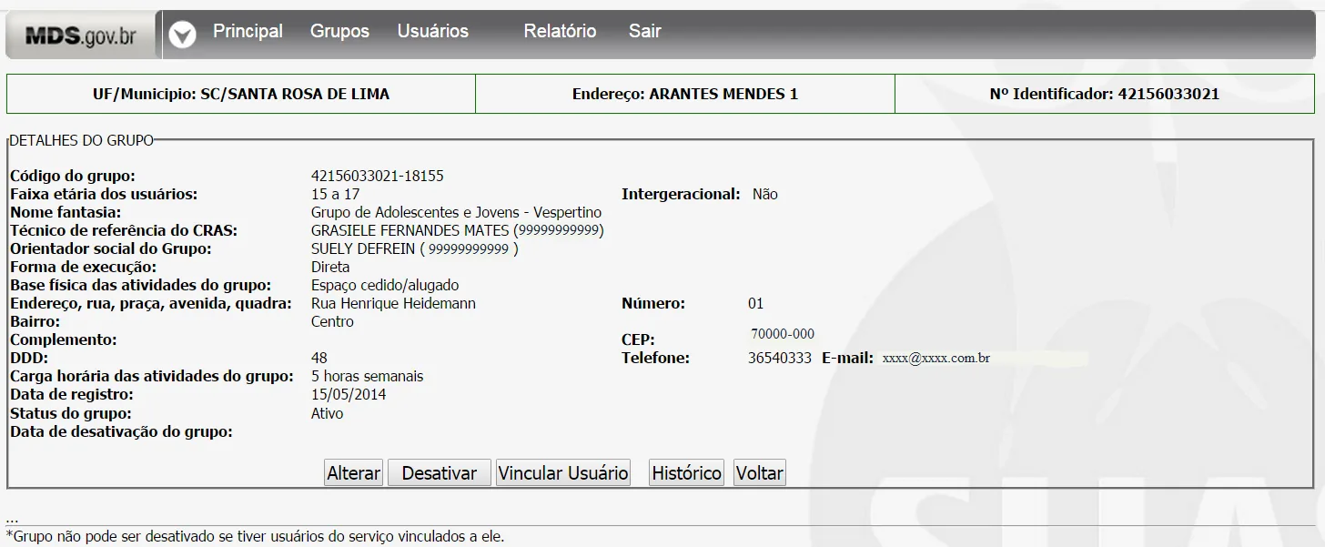 Tela do sistema: Consulta a grupo (desativar)