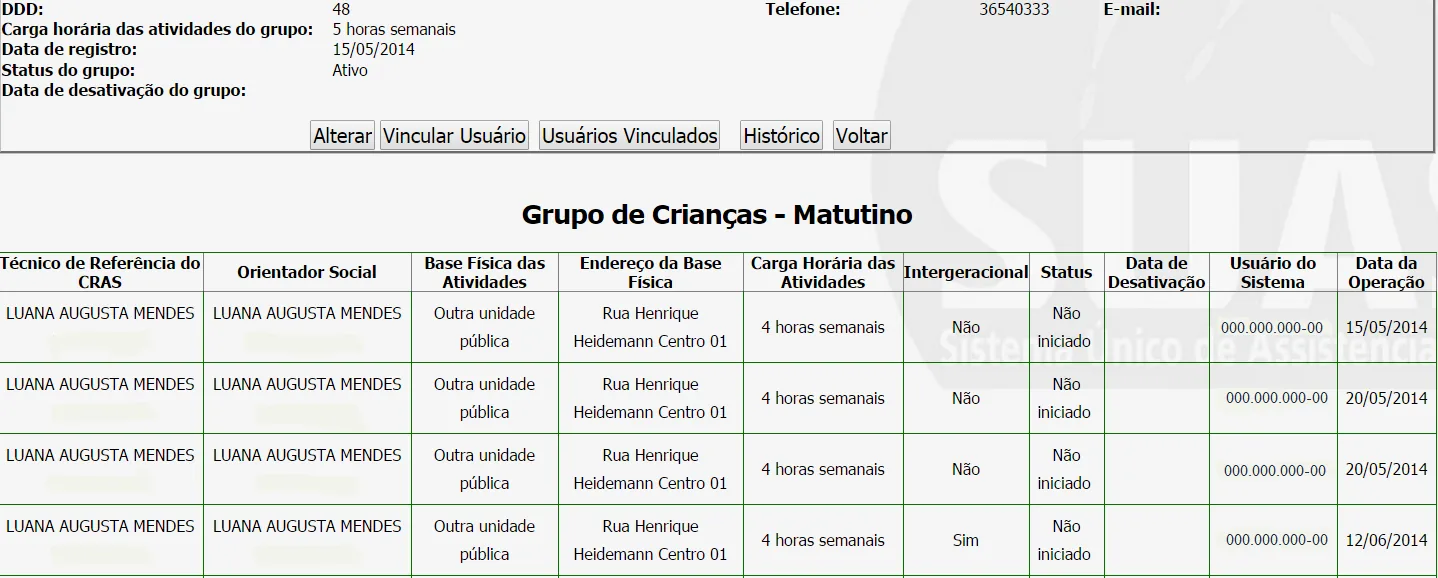 Tela do sistema: Histórico do grupo