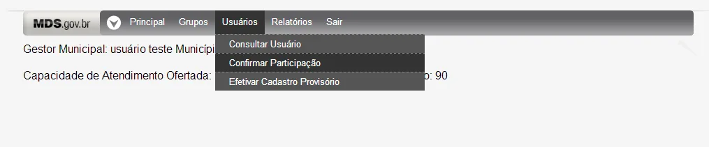 Tela do sistema: Menu Usuários