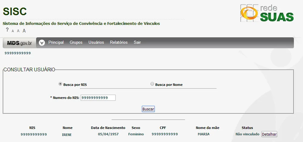 Tela do sistema: Usuário localizado pelo NIS