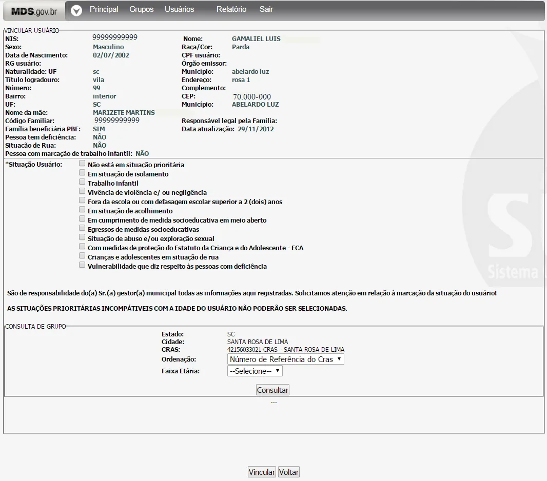 Tela do sistema: Tela de informações do usuário pesquisado