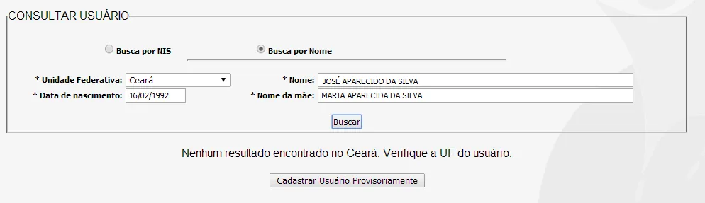 Tela do sistema: Usuário não localizado