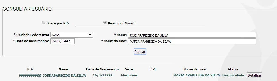 Tela do sistema: Busca por nome realizada com sucesso