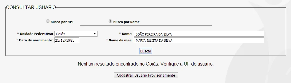 Tela do sistema: Cadastrar usuário provisoriamente
