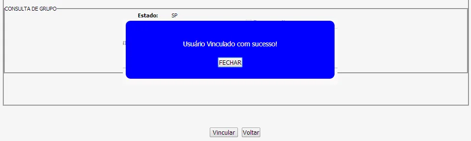 Tela do sistema: Usuário provisório vinculado com sucesso