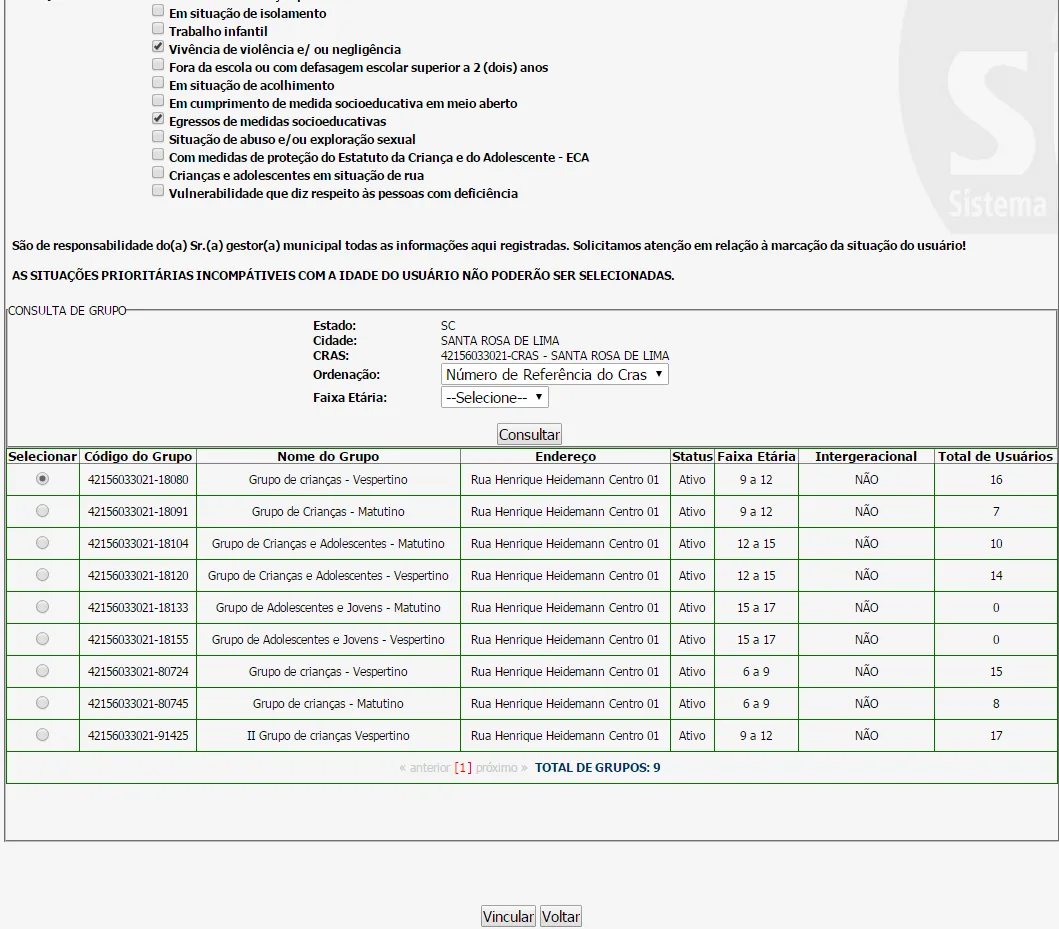 Tela do sistema: Vincular usuário a um grupo