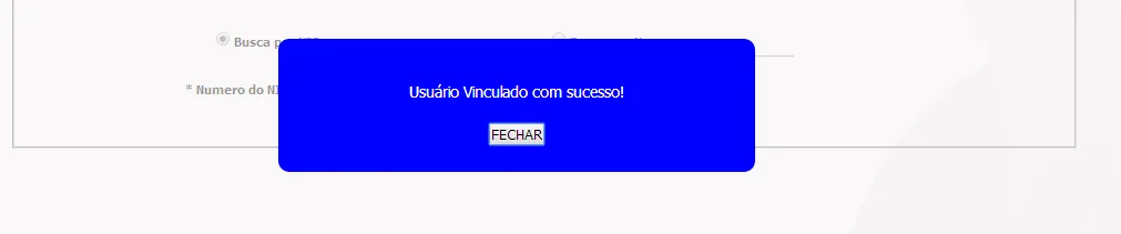 Tela do sistema: Vinculação concluída com sucesso