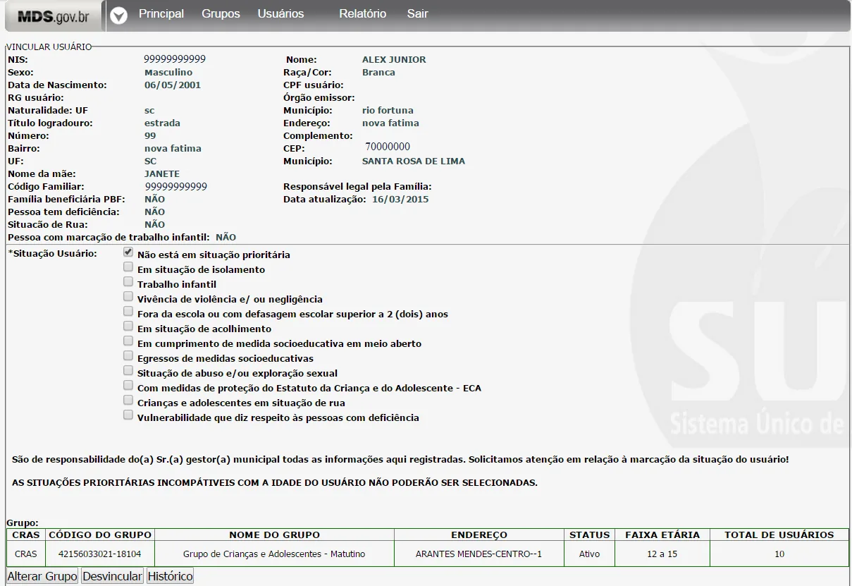 Tela do sistema: Tela para alteração de grupo
