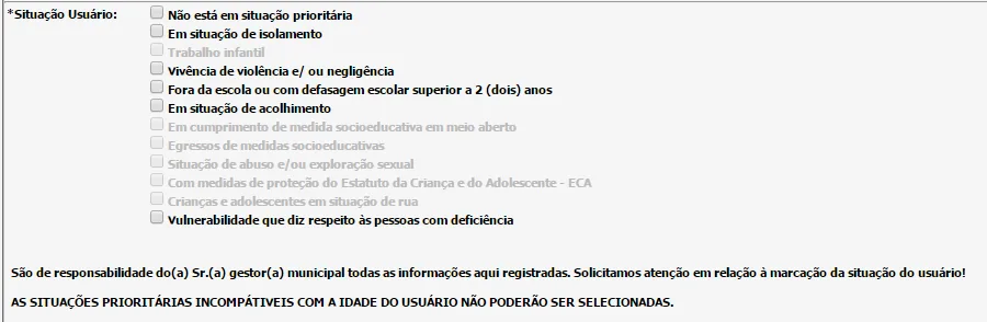 Tela do sistema: Situação incompatível com a idade do usuário