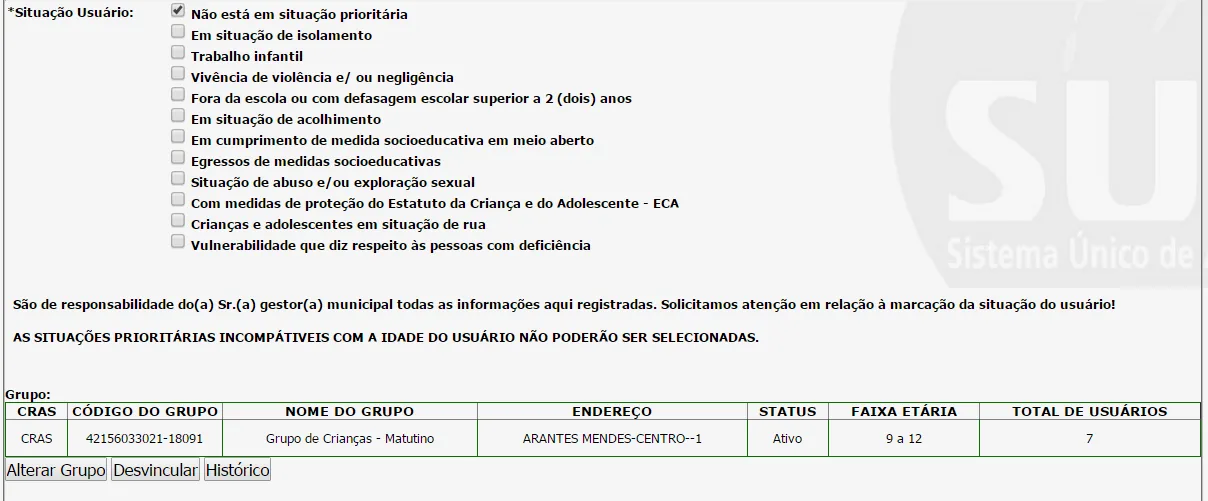 Tela do sistema: Desvincular usuário