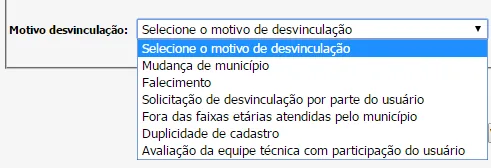 Tela do sistema: Motivo da desvinculação