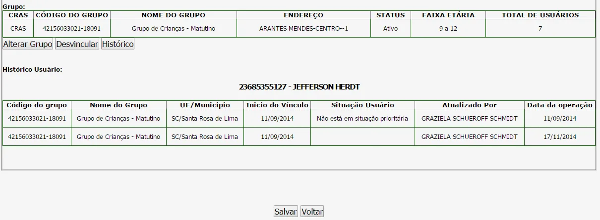 Tela do sistema: Histórico do usuário