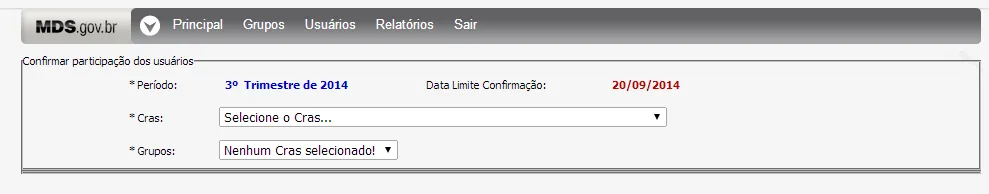 Tela do sistema: Tela de seleção do grupo para confirmação de participação