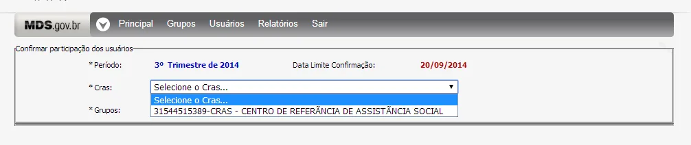 Tela do sistema: Selecionando um CRAS