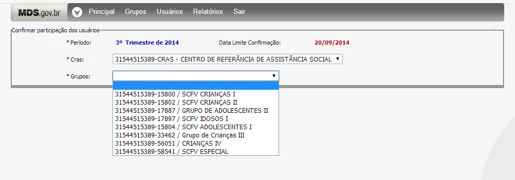 Tela do sistema: Escolhendo um grupo para fazer a confirmação de participação