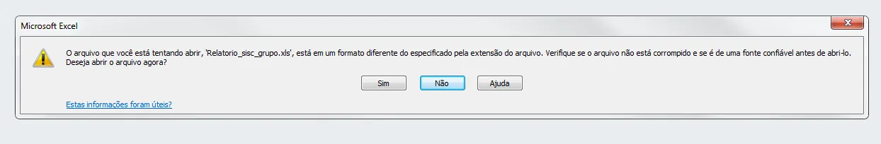 Tela do sistema: Mensagem apresentada ao abrir o arquivo em Excel