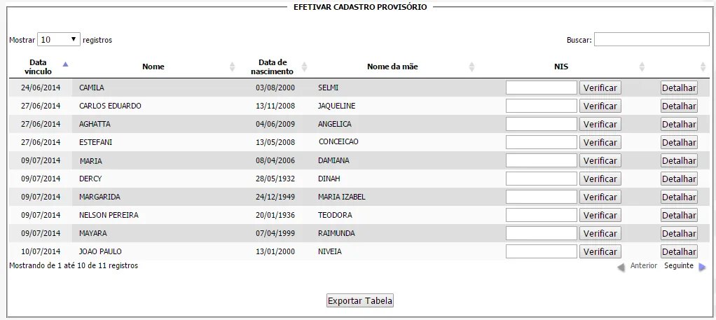Tela do sistema: Efetivar cadastro provisório