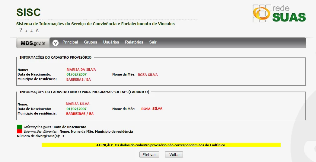 Tela do sistema: Dados divergentes entre cadastro provisório e CadÚnico