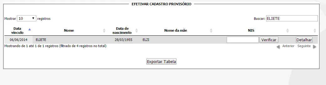Tela do sistema: Busca de um usuário provisório específico