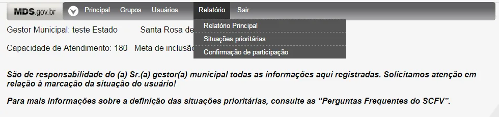 Tela do sistema: Menu Relatórios