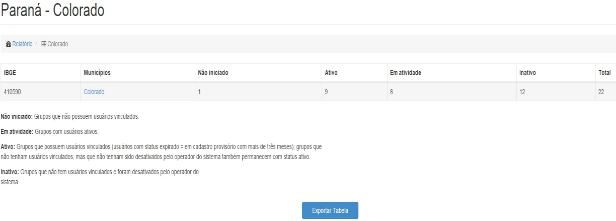 Tela do sistema: Relatório dos grupos do município