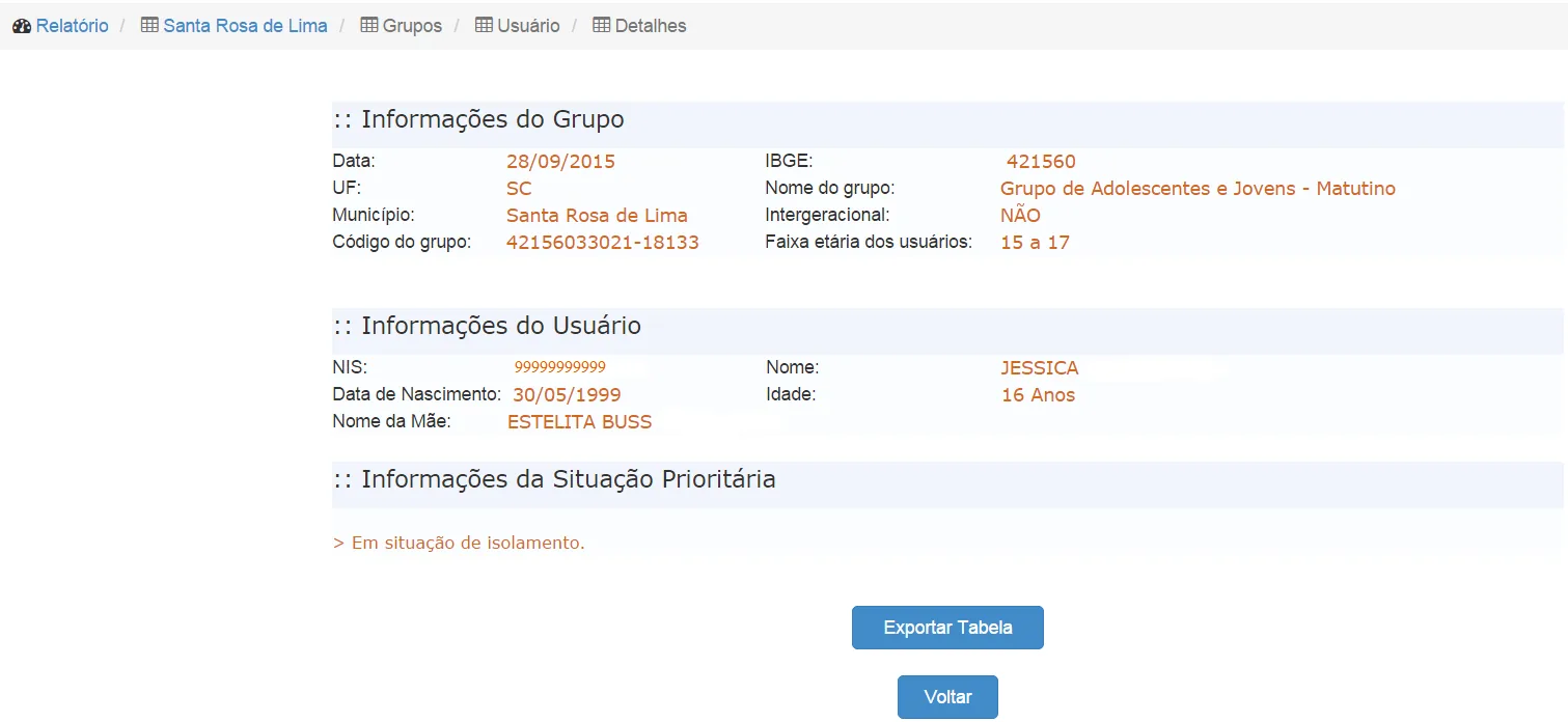 Tela do sistema: Detalhes do usuário do grupo