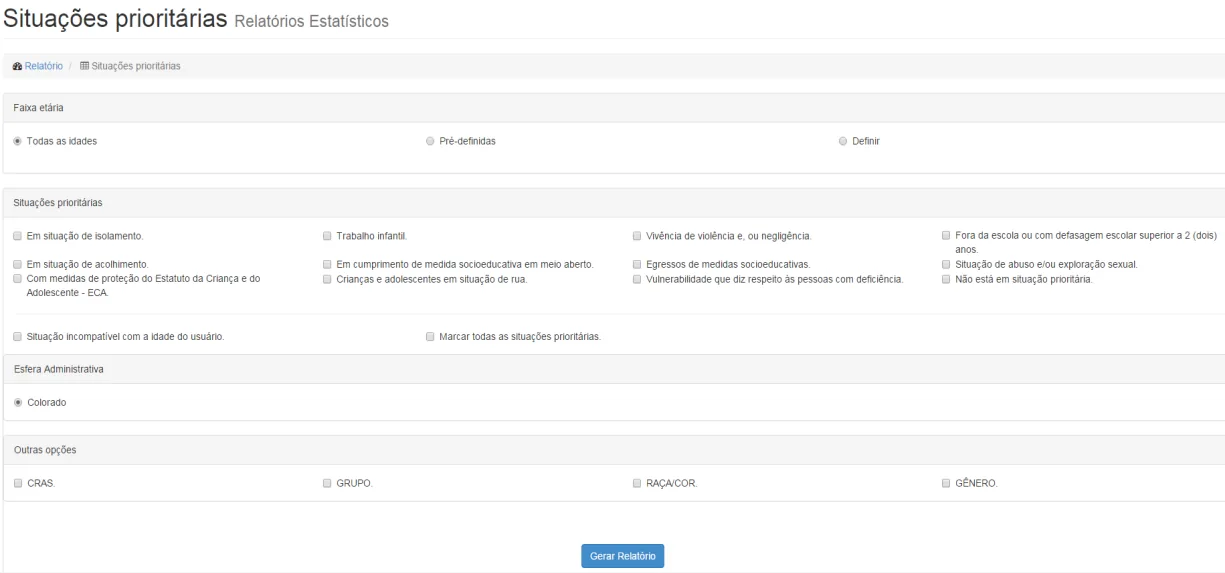 Tela do sistema: Filtros para geração de relatório das situações prioritárias